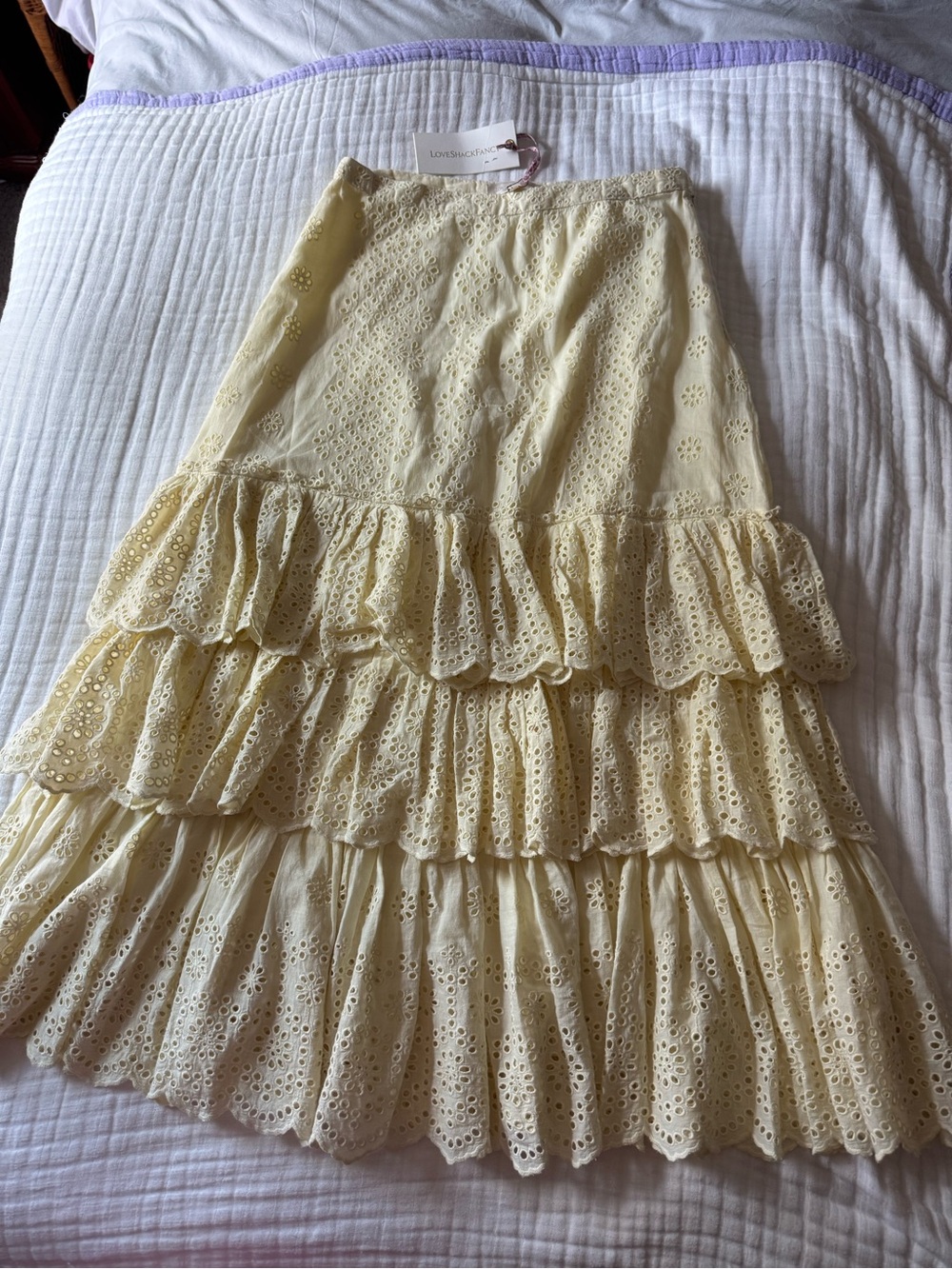 LoveShackFancy Becky Yellow Eyelet Tiered Maxi Skirt